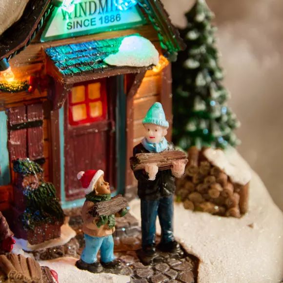 Village de Noël lumineux, animé et musical (H34 cm) Moulin et enfants