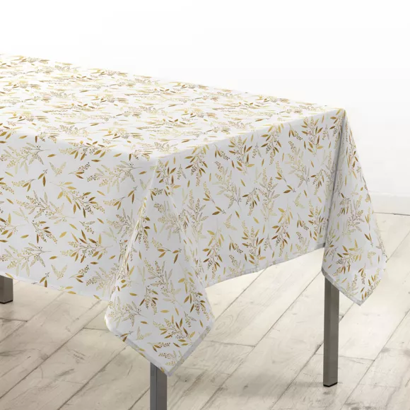 NAPPE RECTANGLE 140 x 240 CM MICROFIBRE IMPRIMEE METALLISEE NAèLLE BLANC/OR