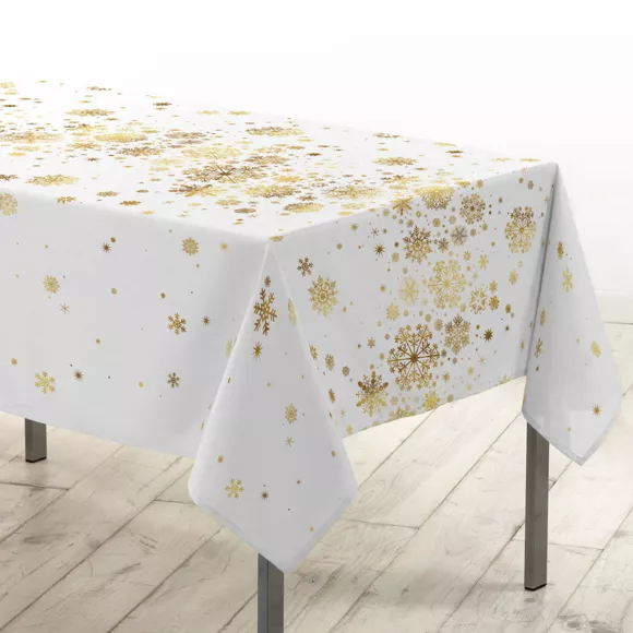 NAPPE RECTANGLE 150 x 240 CM POLYESTER IMPRIME METALLISE CONSTELLATION BLANC/OR