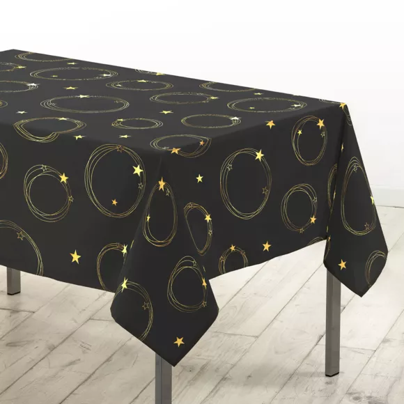 NAPPE RECTANGLE 150 x 240 CM POLYESTER IMPRIME METALLISE STAR NOIR/OR