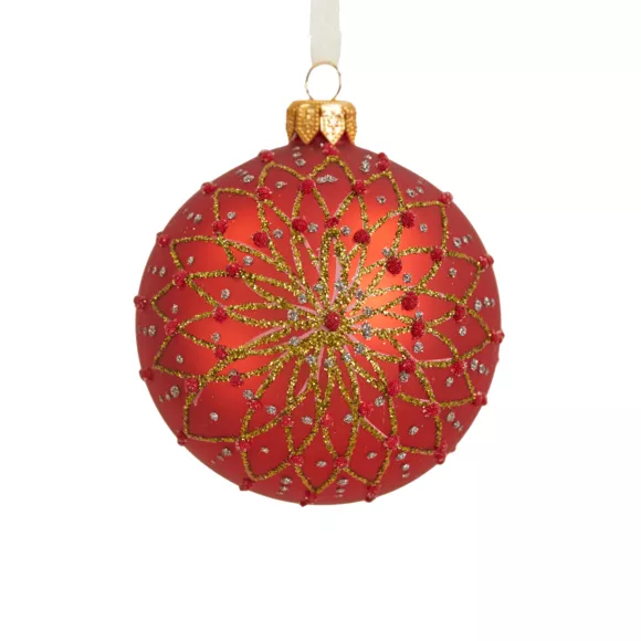 6er set Weihnachtskugeln aus Glas (D80 mm) Fleurs pailletées Rot 