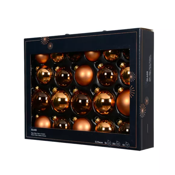 Lot de 21 boules de Noël en verre (D60 à 75 mm) Assorties Cristal Cognac Marron