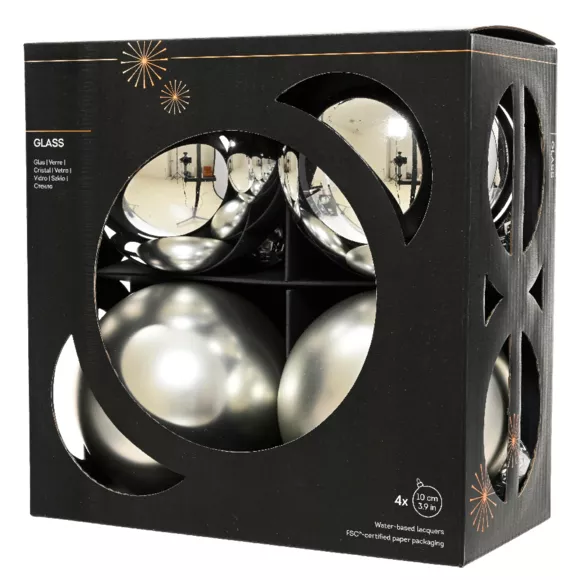 Boite a 4 Boules verre dia10cm argent  Boréal (EMBALLAGE 100% RECYCLE certifié fsc)