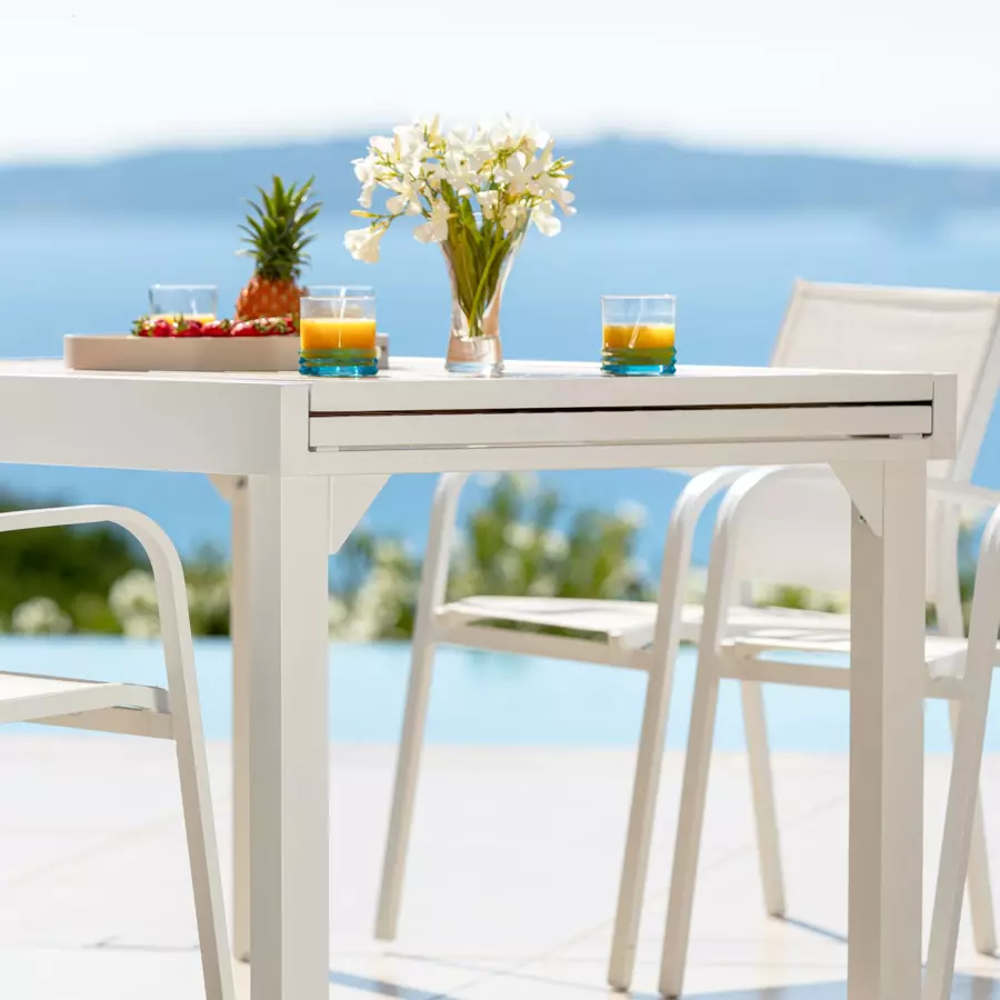 Mesa de jardín extensible 10 personas Aluminio efecto madera Murano (270 x 90 cm) - Blanca 4