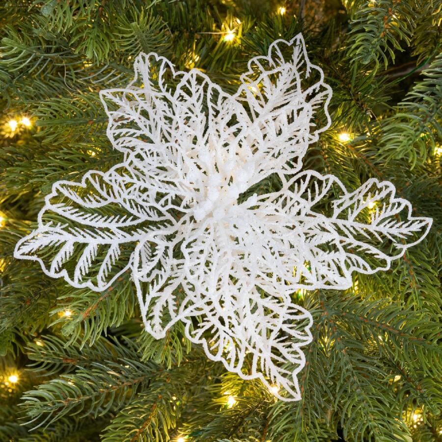 Poinsettia de Navidad brillos con clip Blanco 4
