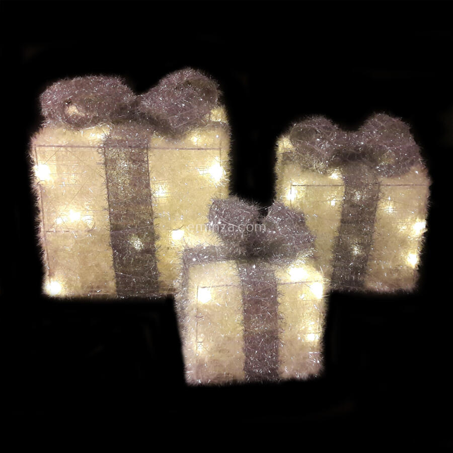 Set di 3 pacchi regalo nastro grigio a pile con luci Bianco caldo 65 LED 5