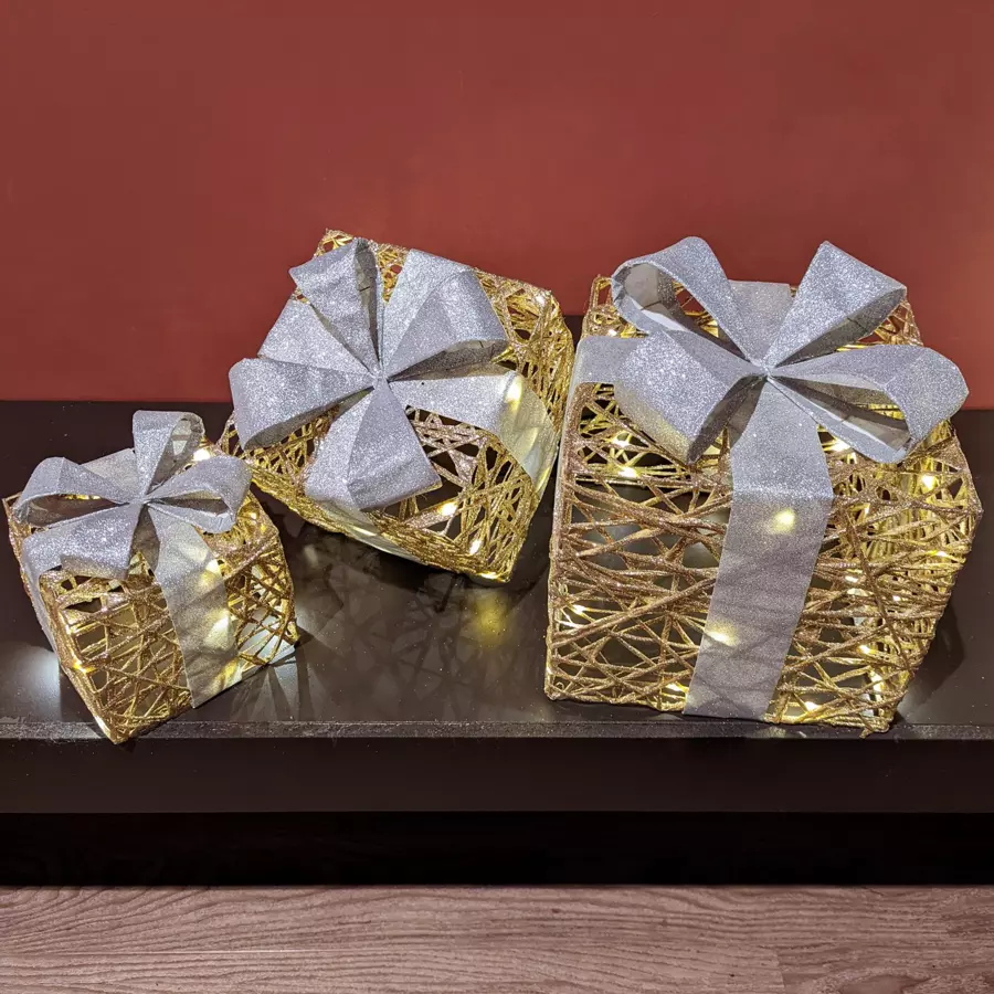 set de 3 regalos oro a pilas con luz Blanco cálido 30 LED 4