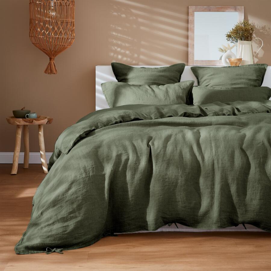 Funda de almohada rectangular en lino lavado (80 cm) Louise Verde romero 5