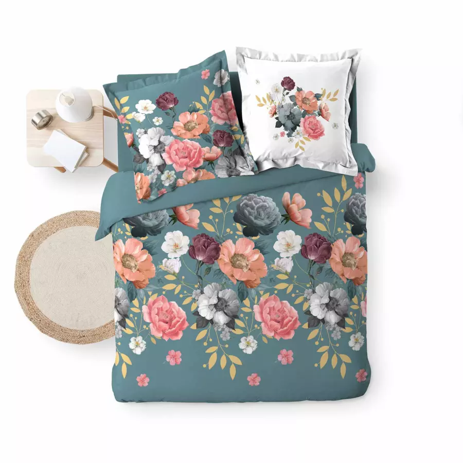 Housse de couette et deux taies coton (260 cm) Rosalita Bleue 5