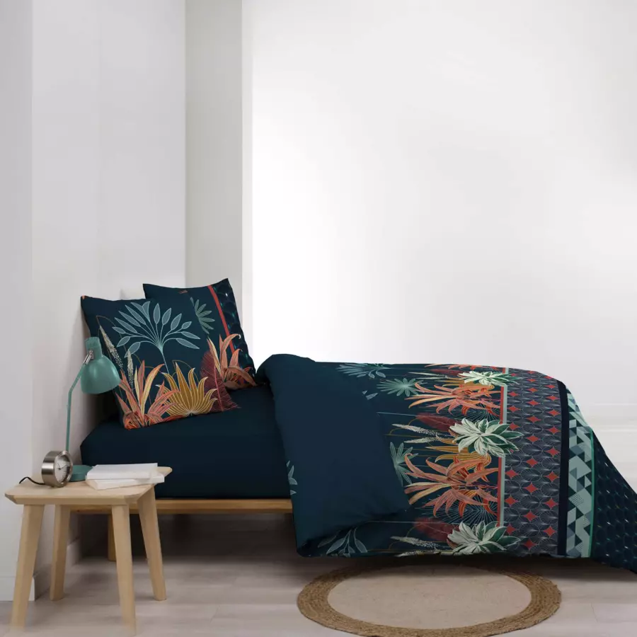 Housse de couette et deux taies coton (240 cm) Floriana Bleue 4