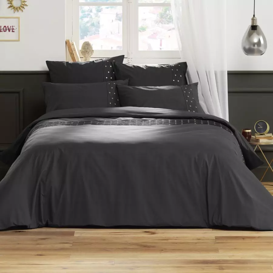 Taie d'oreiller rectangulaire brodée coton (70 cm) Agathe Gris anthracite 4