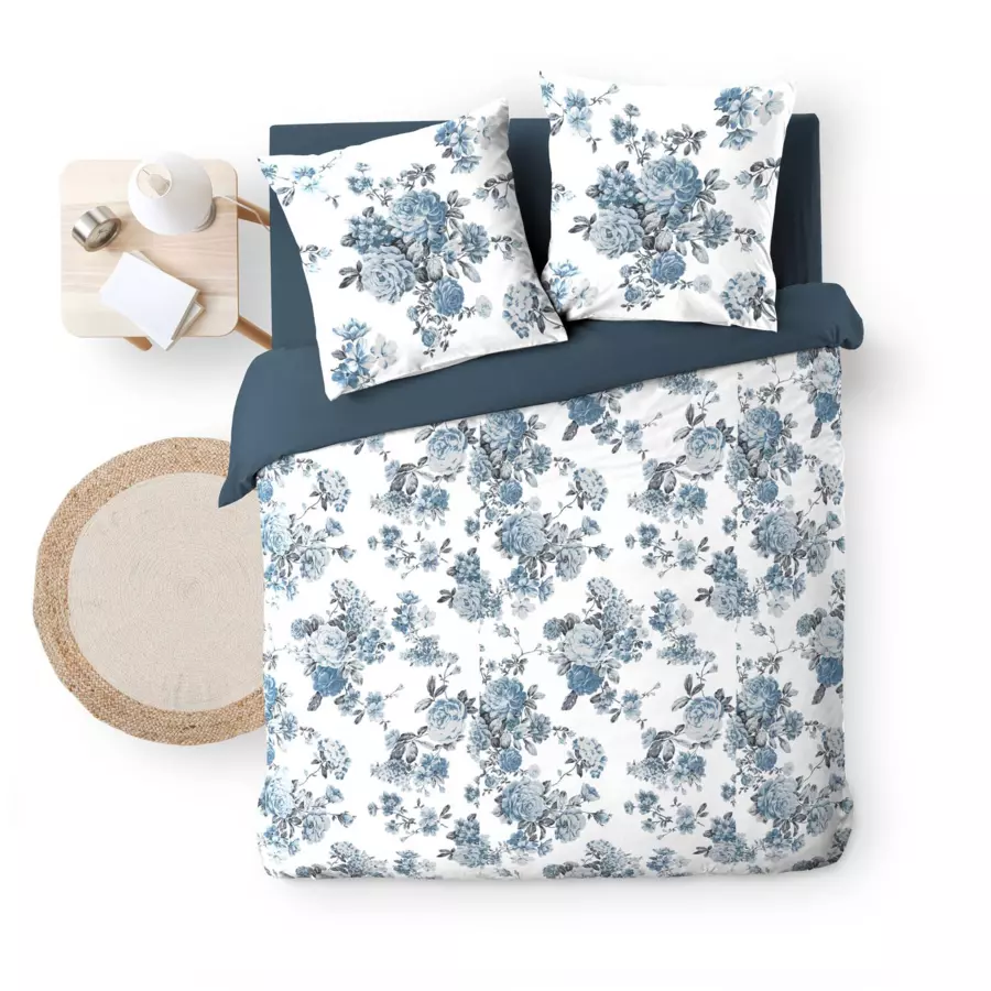 Housse de couette et deux taies gaze de coton (240 cm) Roselia Bleue 5