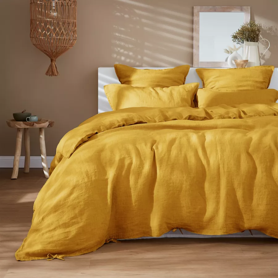 Drap plat lin lavé (240 cm) Louise Jaune moutarde
