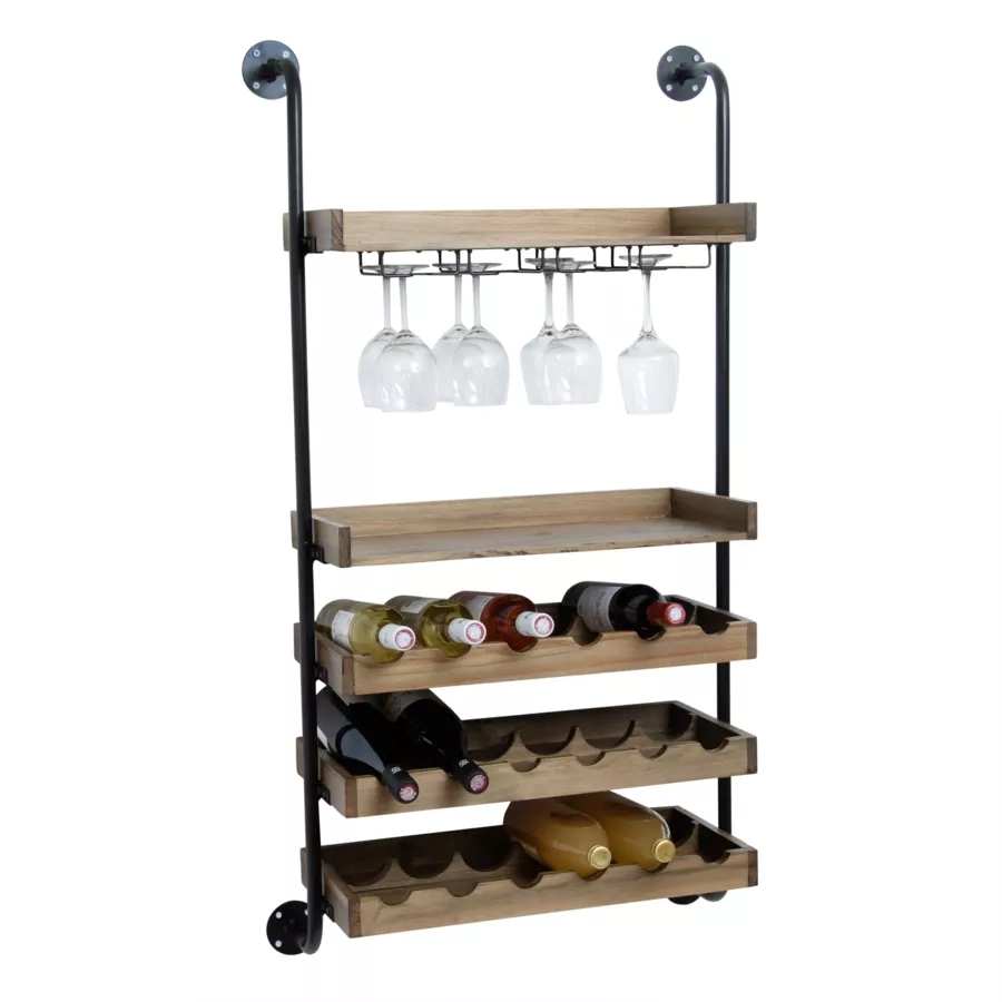 Mueble portabotellas de pared de madera y metal con 18 compartimentos y portavasos (H120 cm) Isaac Marrón