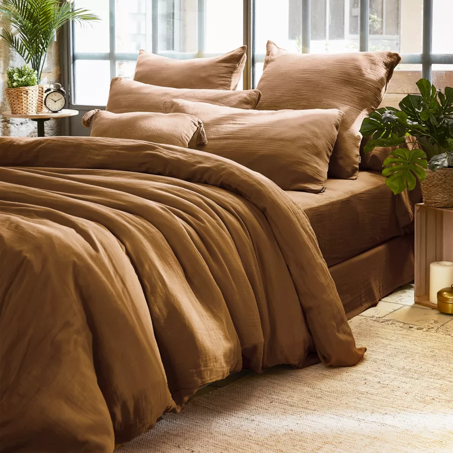 Rechteckiger Kopfkissenbezug aus Baumwoll-Gaze (80 cm) Gaïa Camel 5