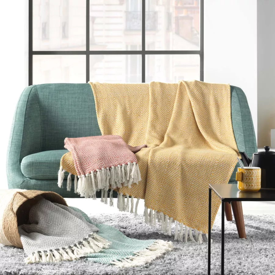 PLAID A FRANGES 125 x 150 CM COTON TISSE LOUISETTE SAUGE