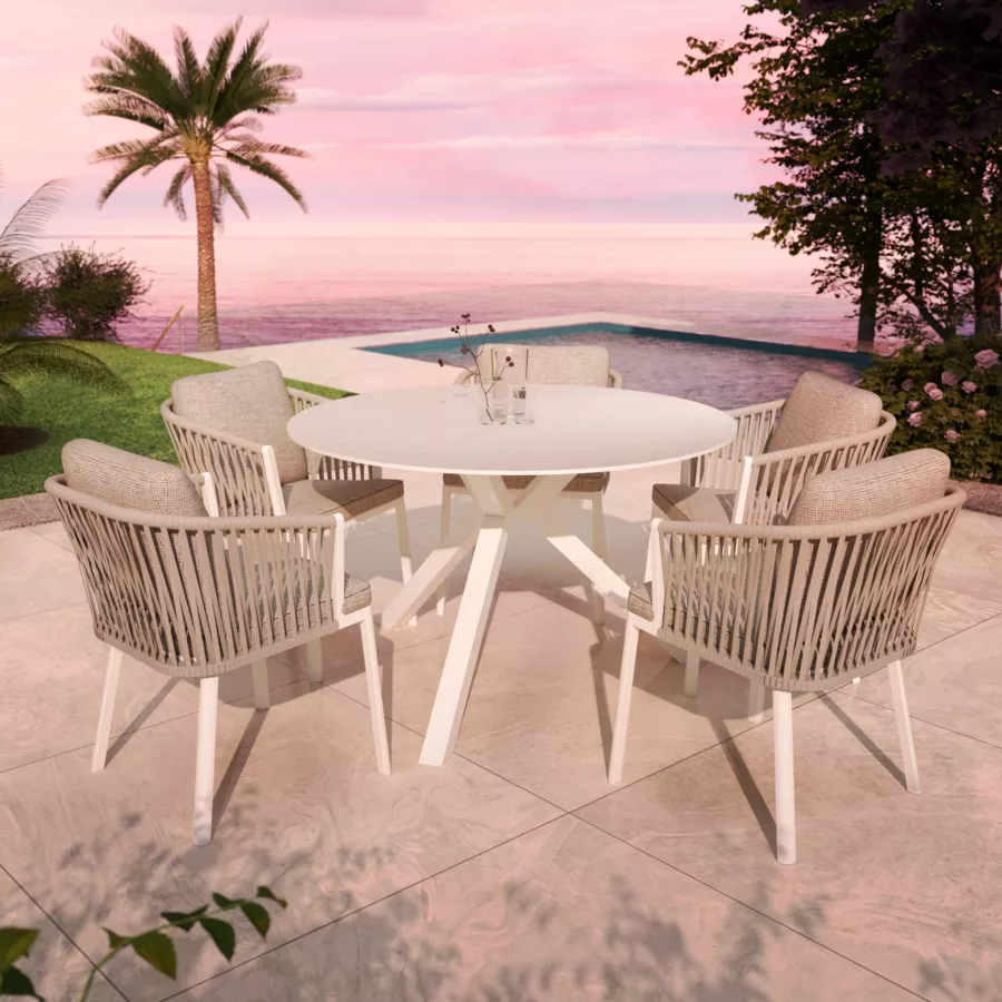 Tuintafel 6 zitplaatsen Aluminium/Keramiek Kore (D120 cm) - Wit/Licht grijs