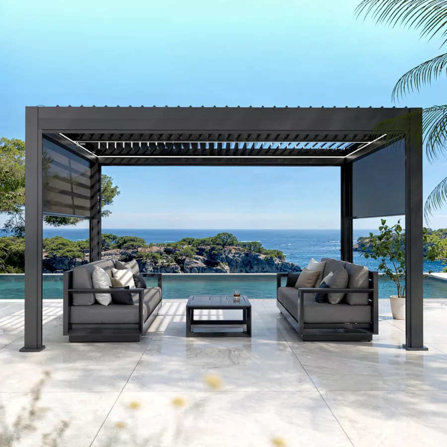 Pergola bioclimatica autoportante motorizzata alluminio (3 x 4 m) LED - Grigio antracite
