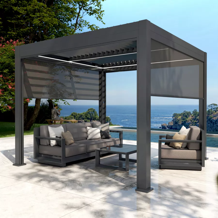 Pérgola bioclimática autoportante motorizada de aluminio  (3 x 3 m) LED - Gris antracita