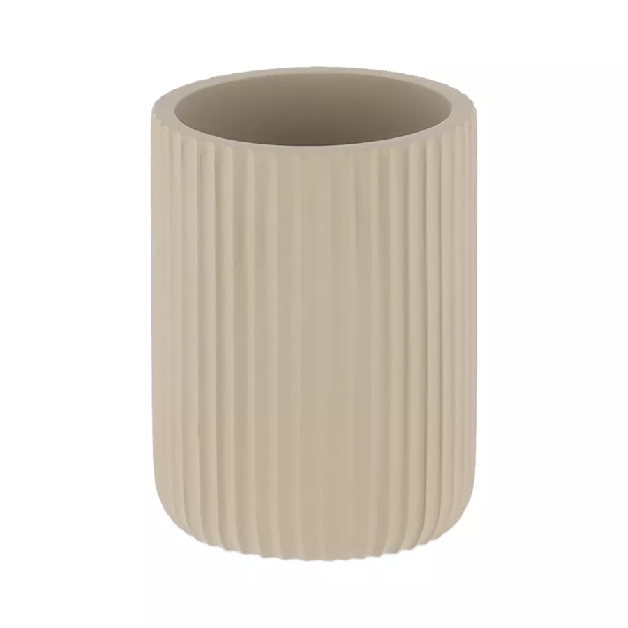 SET GOBELET DISTRIBUTEUR A SAVON ET PORTE SAVON POLYRESINE STRIEE - TAUPE