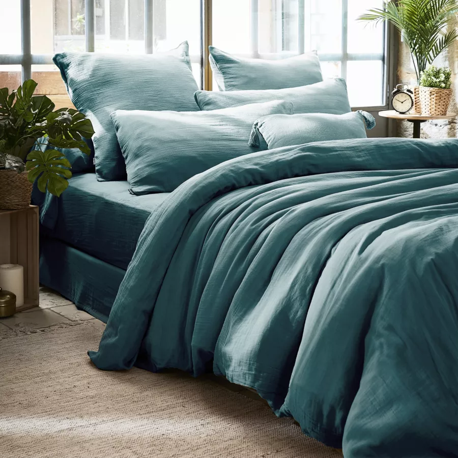 Drap housse gaze de coton (140 x 200 cm) Gaïa Bleu canard