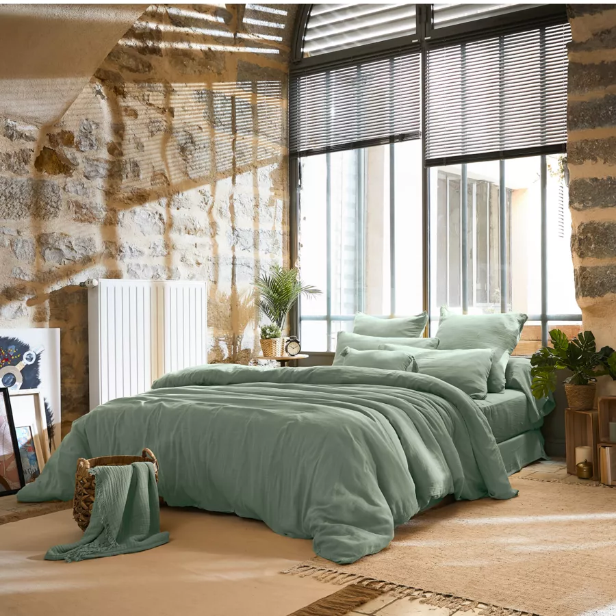 Drap plat gaze de coton (270 x 300 cm) Gaïa Vert eucalyptus 