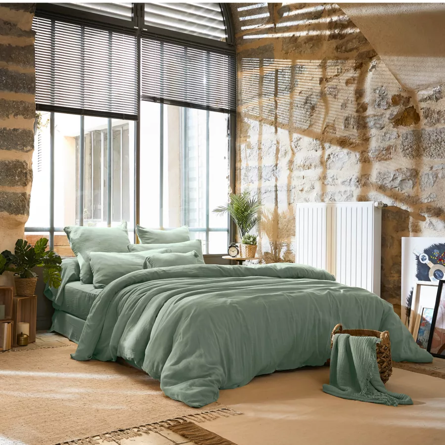 Cache-sommier Gaze de coton (160 x 200 cm) Gaïa Vert eucalyptus
