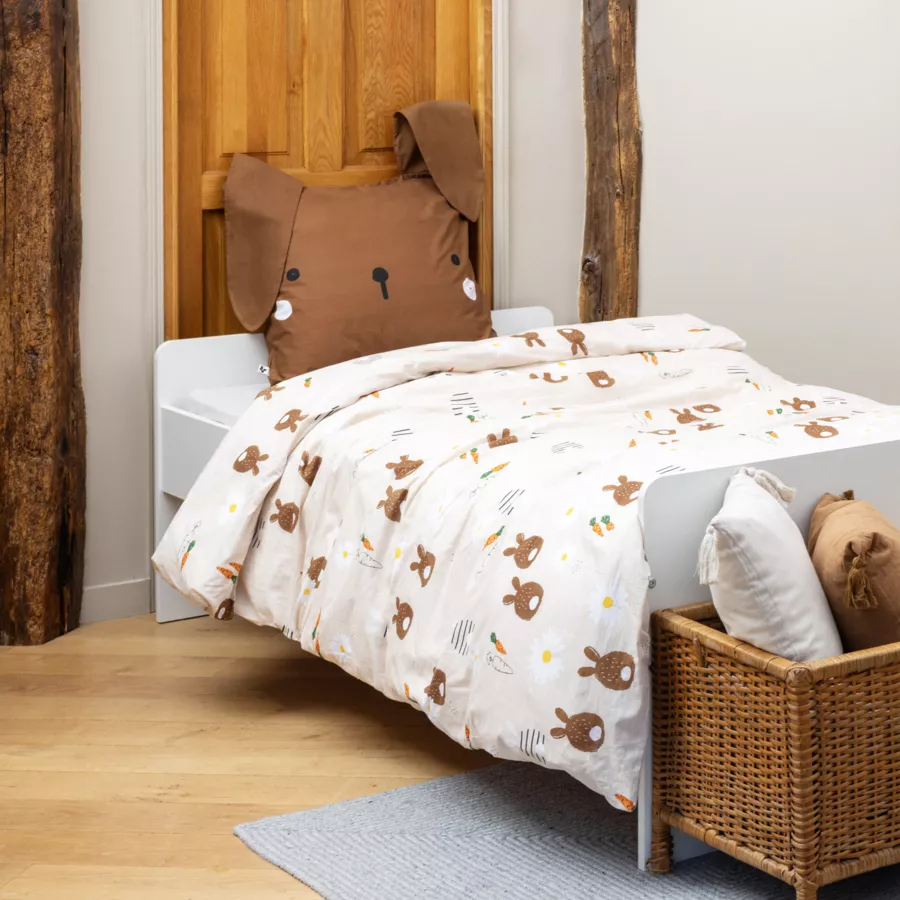 Housse de couette et deux taies enfant coton (200 x 200 cm) Pompon Marron