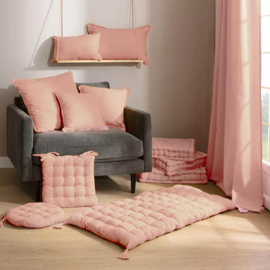 Coussin carré coton (45 x 45 cm) Pixel franges Rose pêche