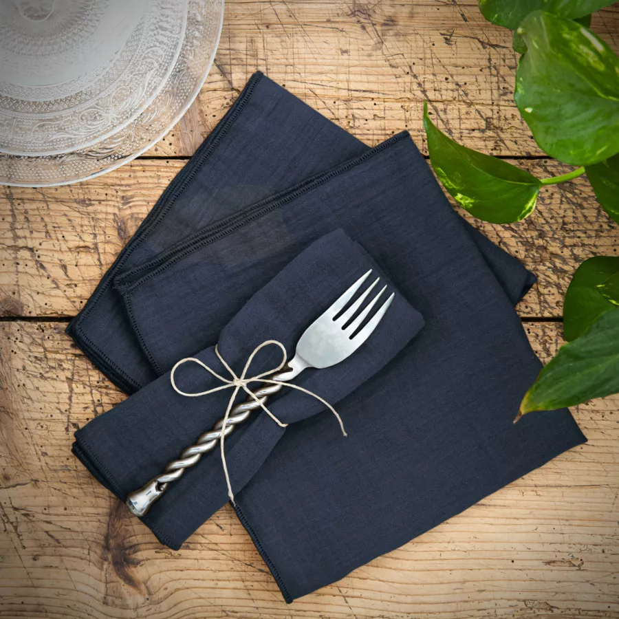Lot de 3 serviettes gaze de coton (40 x 40 cm) Gaïa Bleu nuit
