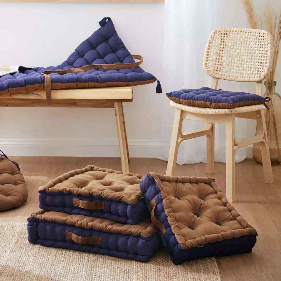 Coussin de sol carré coton (40 x 40 cm) Pixel Bicolore Camel / bleu nuit