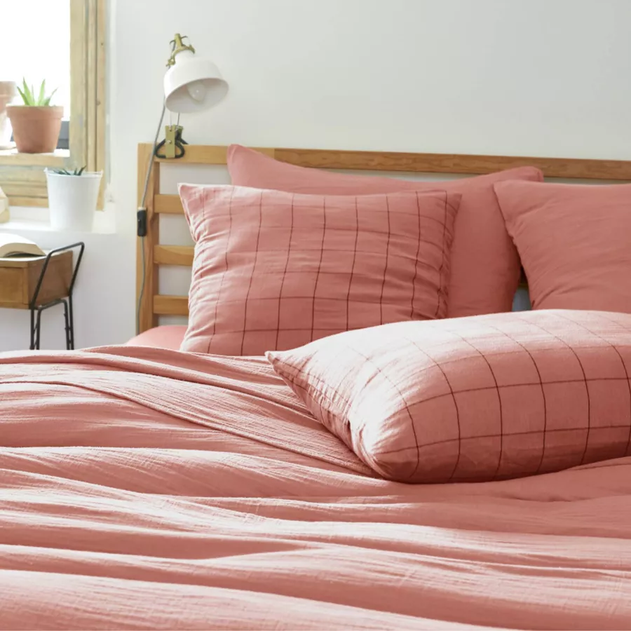 EM - Housse de couette rŽversible 200 x 200 cm Gaze de coton tissŽe teinte GAìA MATCH Rose pche