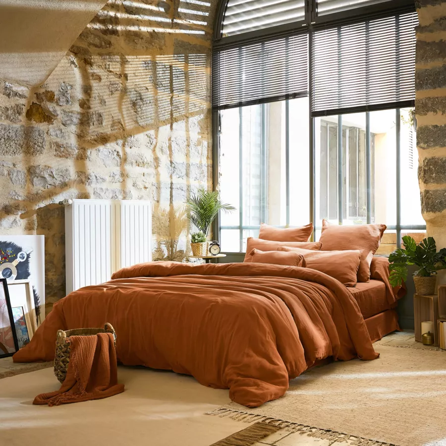 Drap plat gaze de coton (240 x 300 cm) Gaïa Abricot