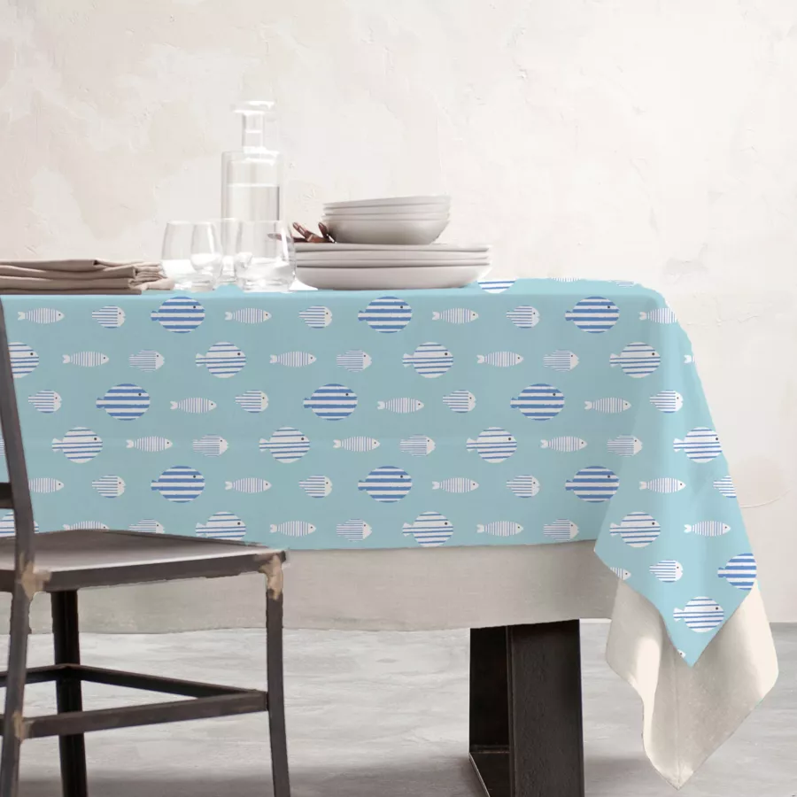 Rechthoekig gecoat katoenen tafelkleed (150 x 250 cm) Blauwe Vis