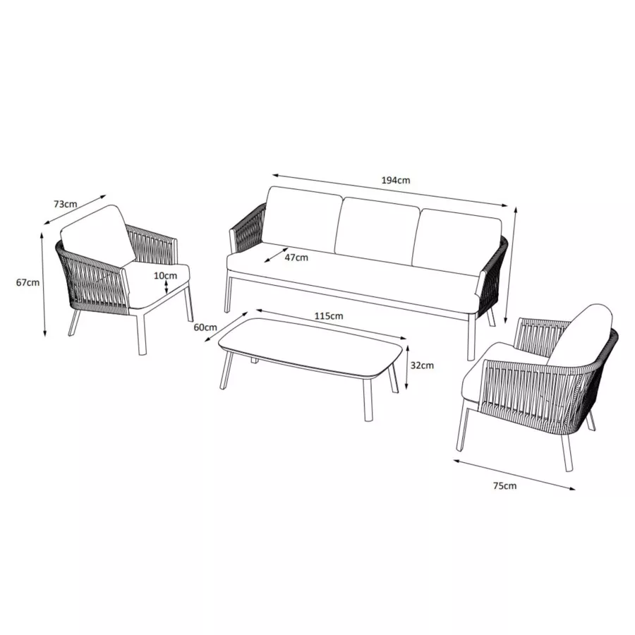 Salon de jardin en aluminium 5 places 4 pcs Amalfi Gris anthracite et gris clair
