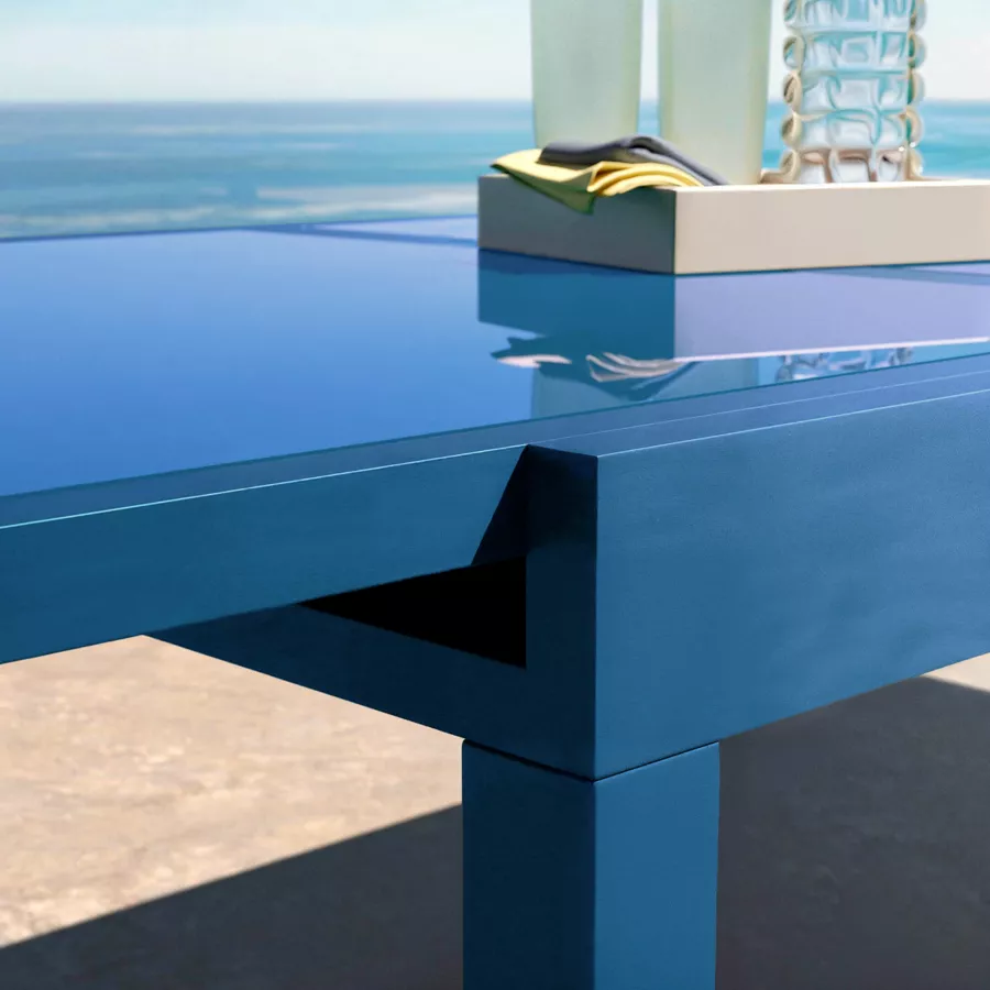 Table de jardin extensible en verre 12 places (200/320 x 100 cm) Murano Bleu pétrole
