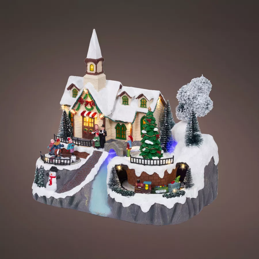 Village de Noël lumineux, animé et musical Eglise et chanteurs