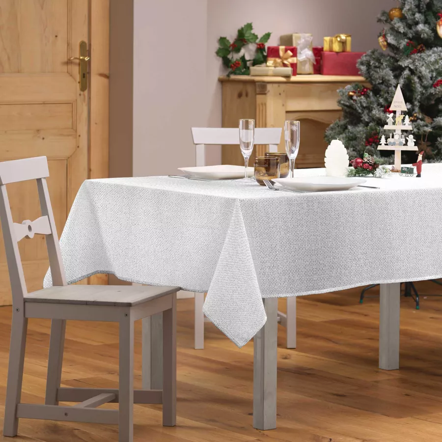 NAPPE RECTANGLE 140 x 300 CM POLYESTER UNI+FILS METALLISES STRASS ARGENT