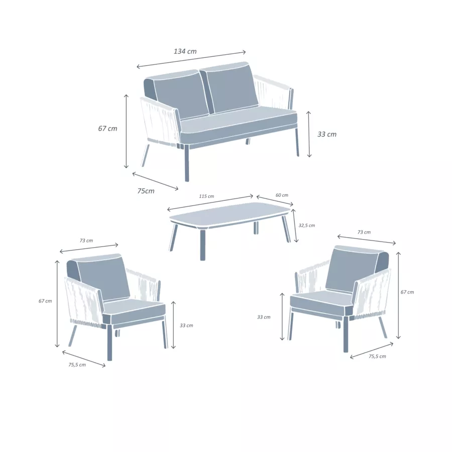Conjunto de jardín en aluminio 4 plazas 4 piezas Amalfi Blanco y beige