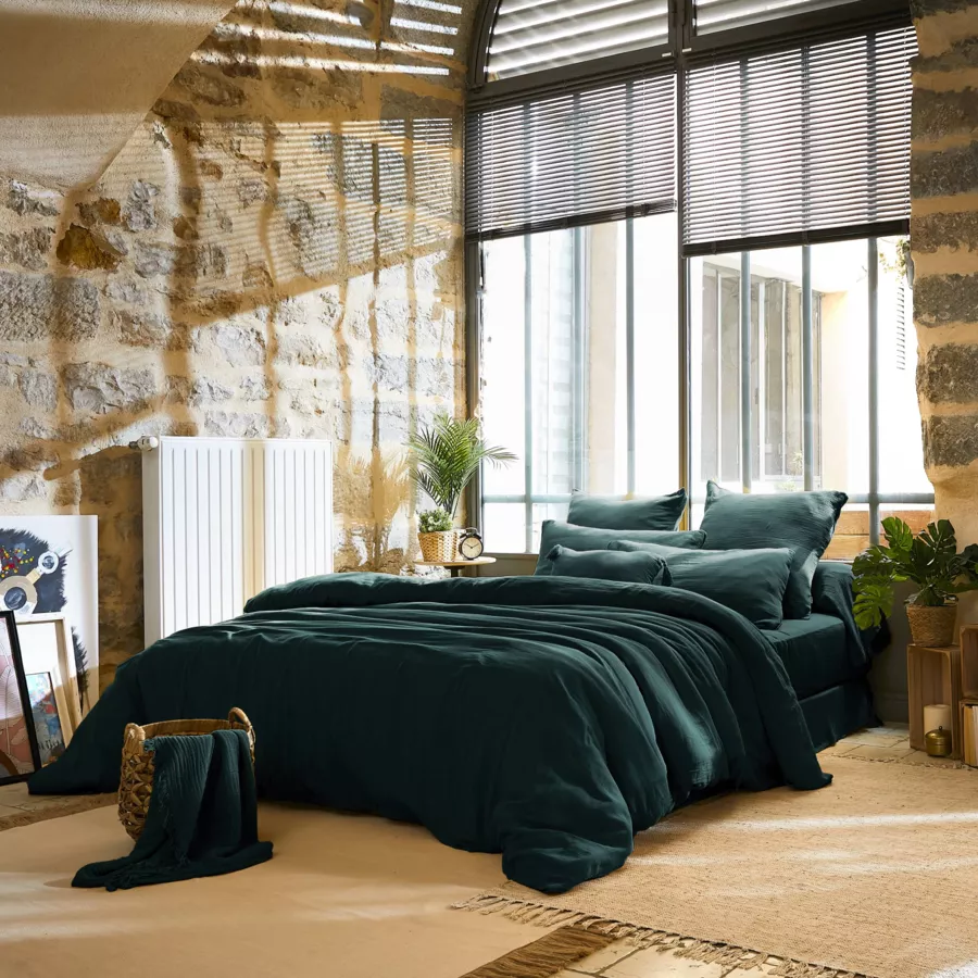 Drap plat gaze de coton (240 x 300 cm) Gaïa Vert sapin