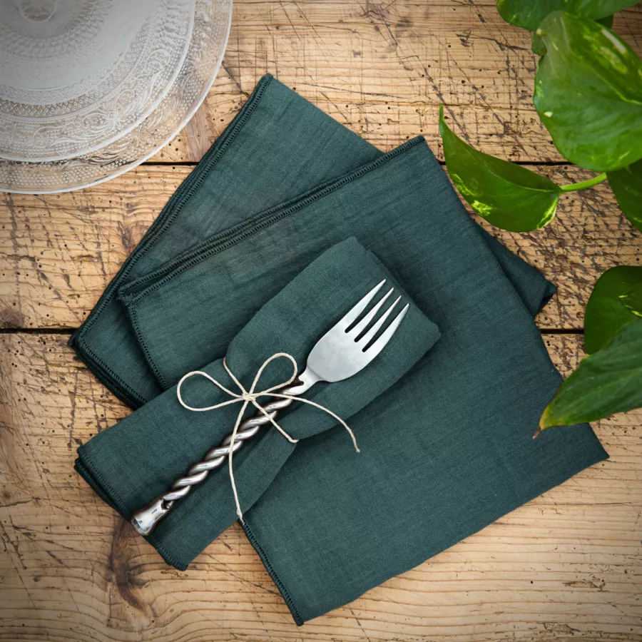 Lot de 3 serviettes de table gaze de coton (40 x 40 cm) Gaïa Vert sapin