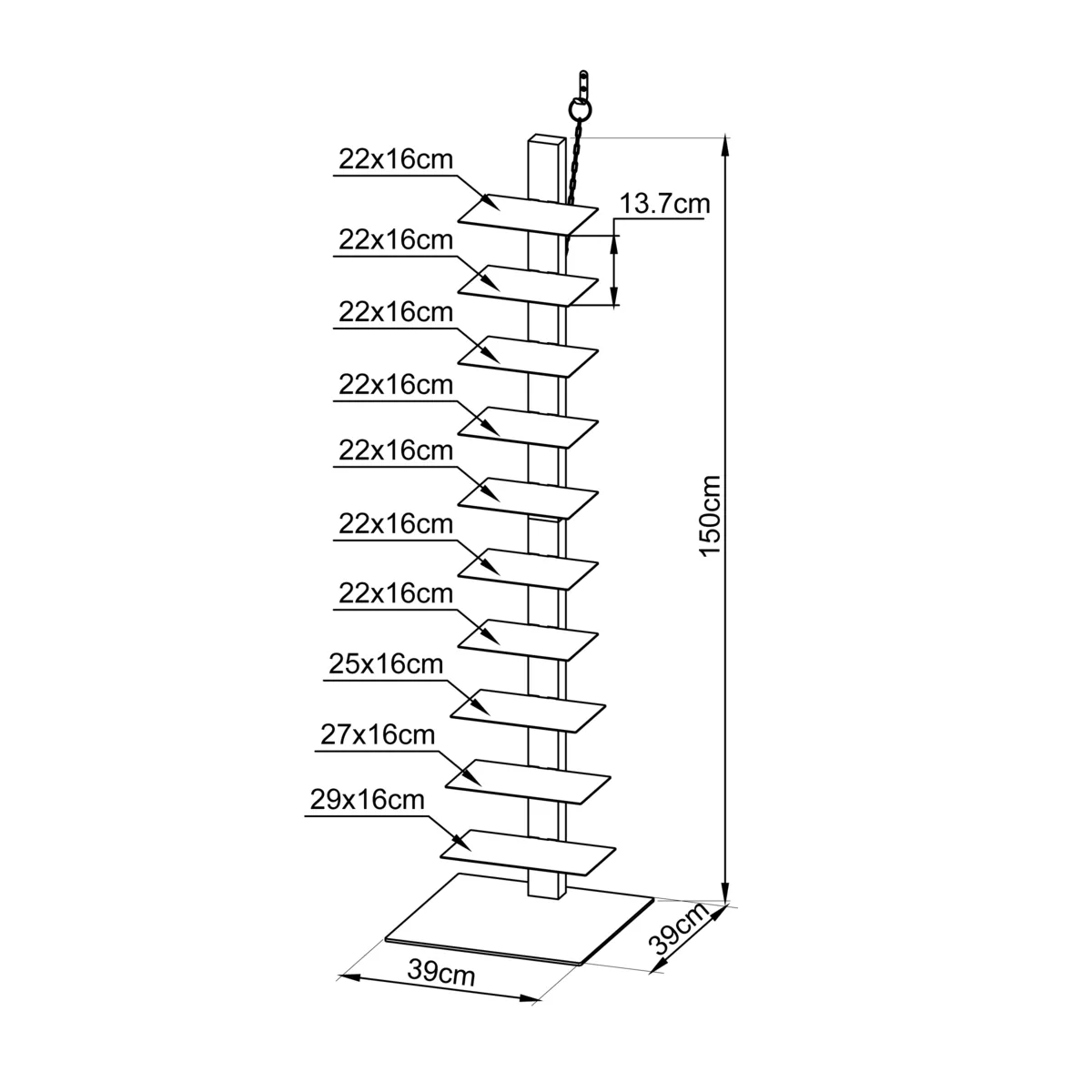 Etagère de rangement 10 niveaux (H150 cm) Bibliothèque Book Blanc