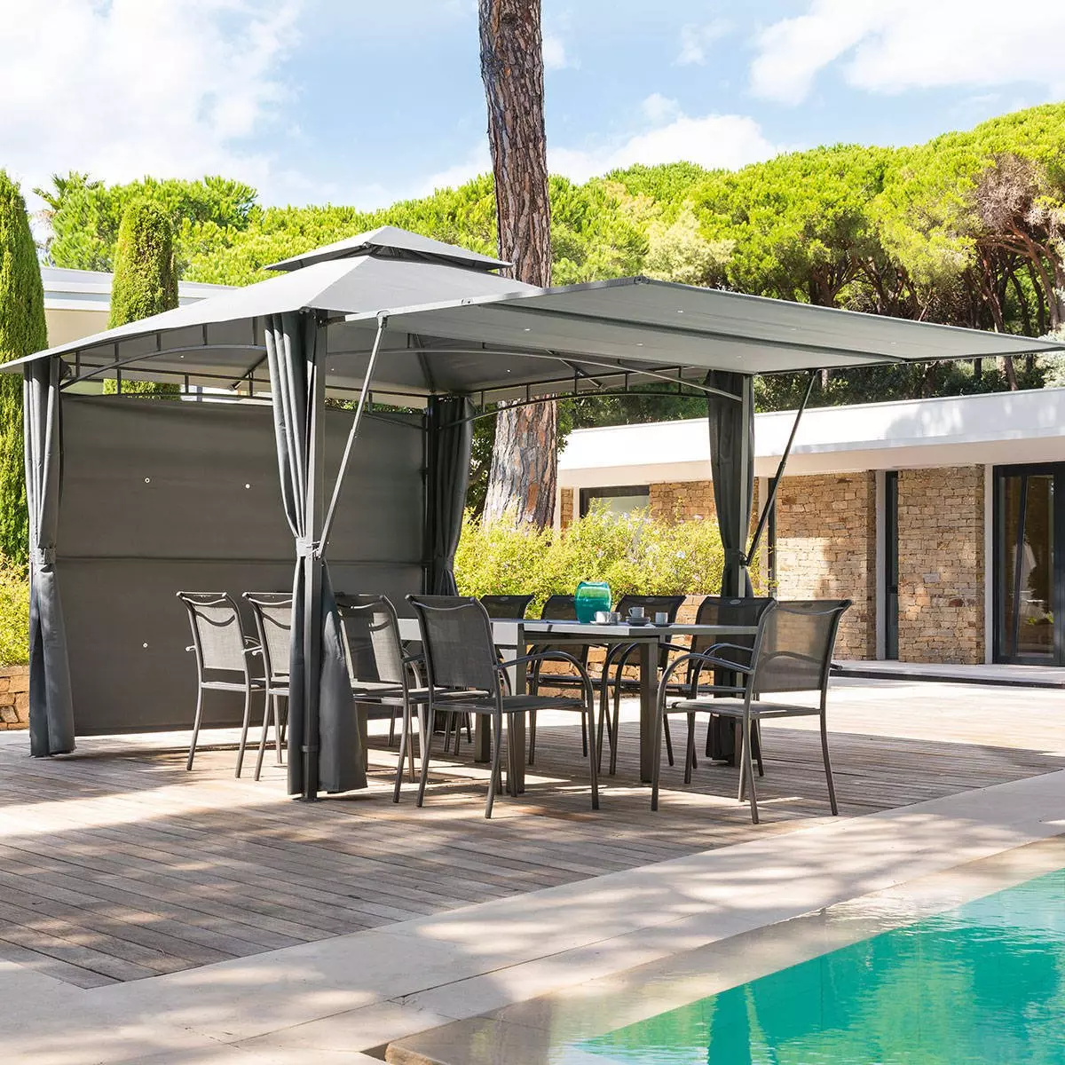 Lote de 4 cortinas y 2 toldos laterales para cenador Amalya (3 x 3m) - Gris pizarra 2
