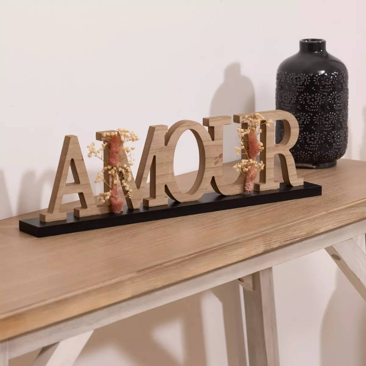 Schriftzug Holz Amour Beige