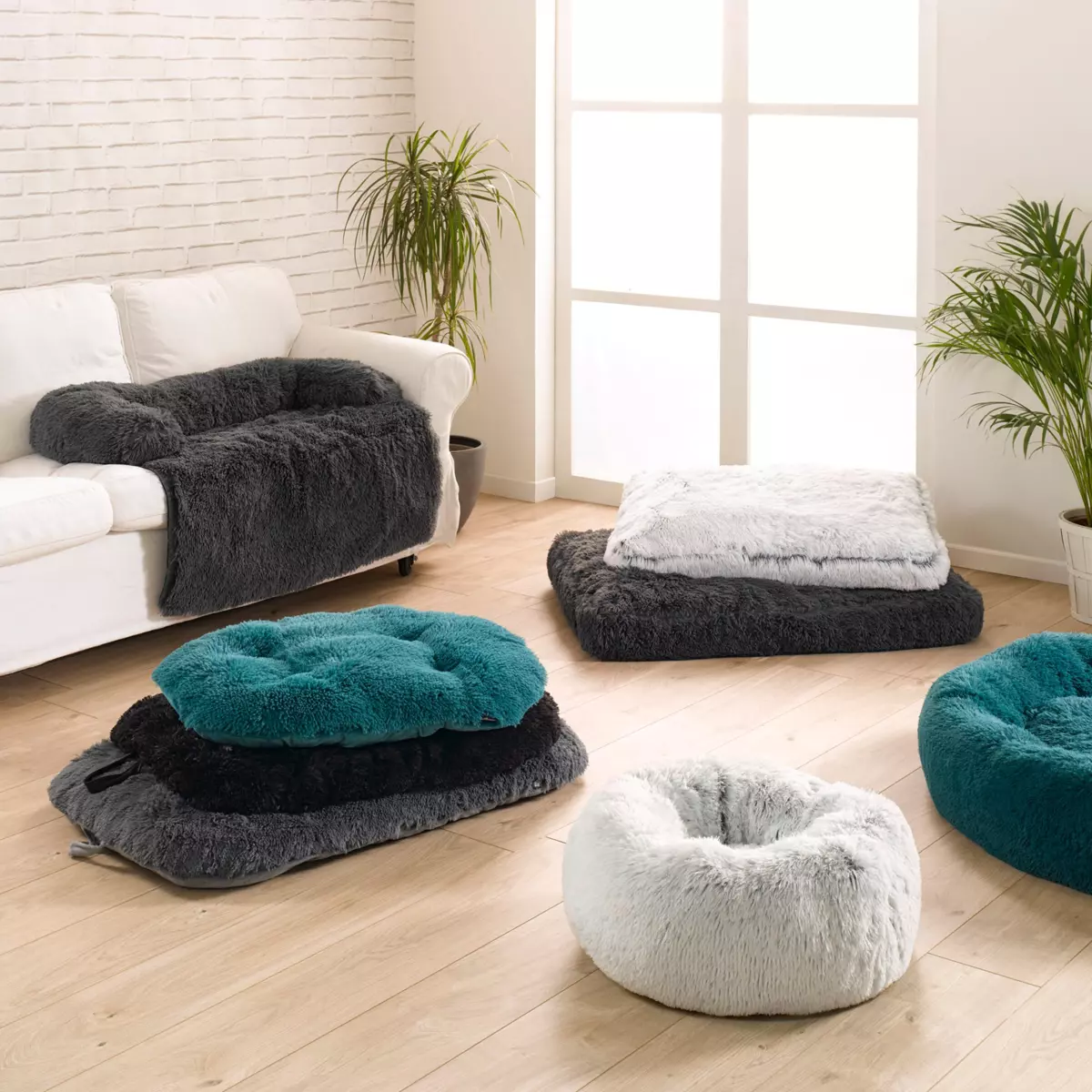 Coussin rond apaisant pour chat et chien Fluffy D95 cm Bleu pétrole 2