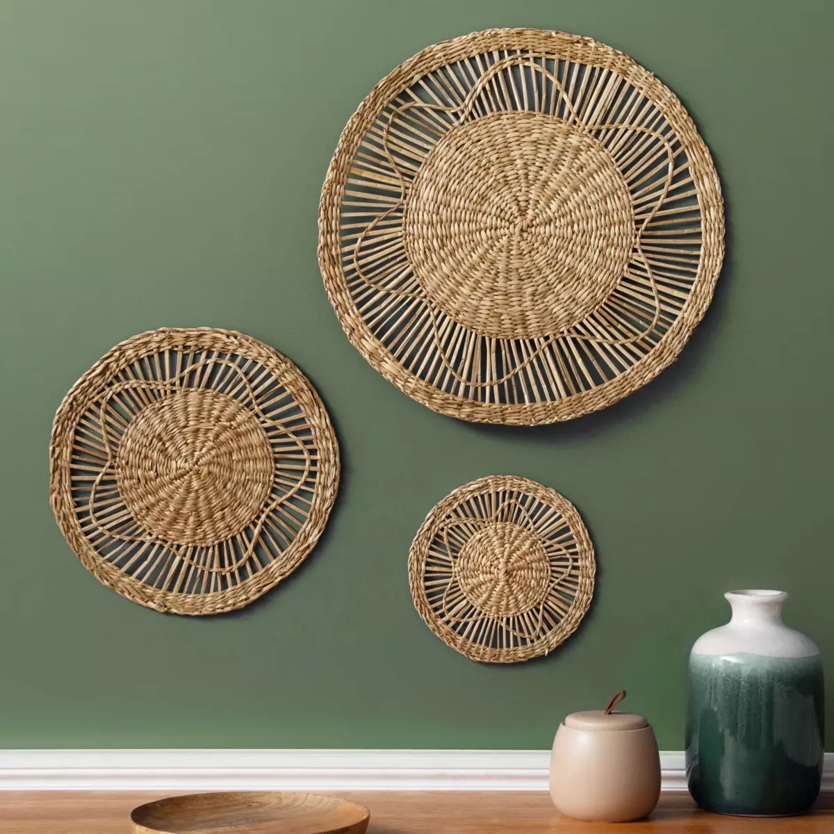 3er Set Wandobjekte aus Schilfrohr Seagrass Naturfarben 1