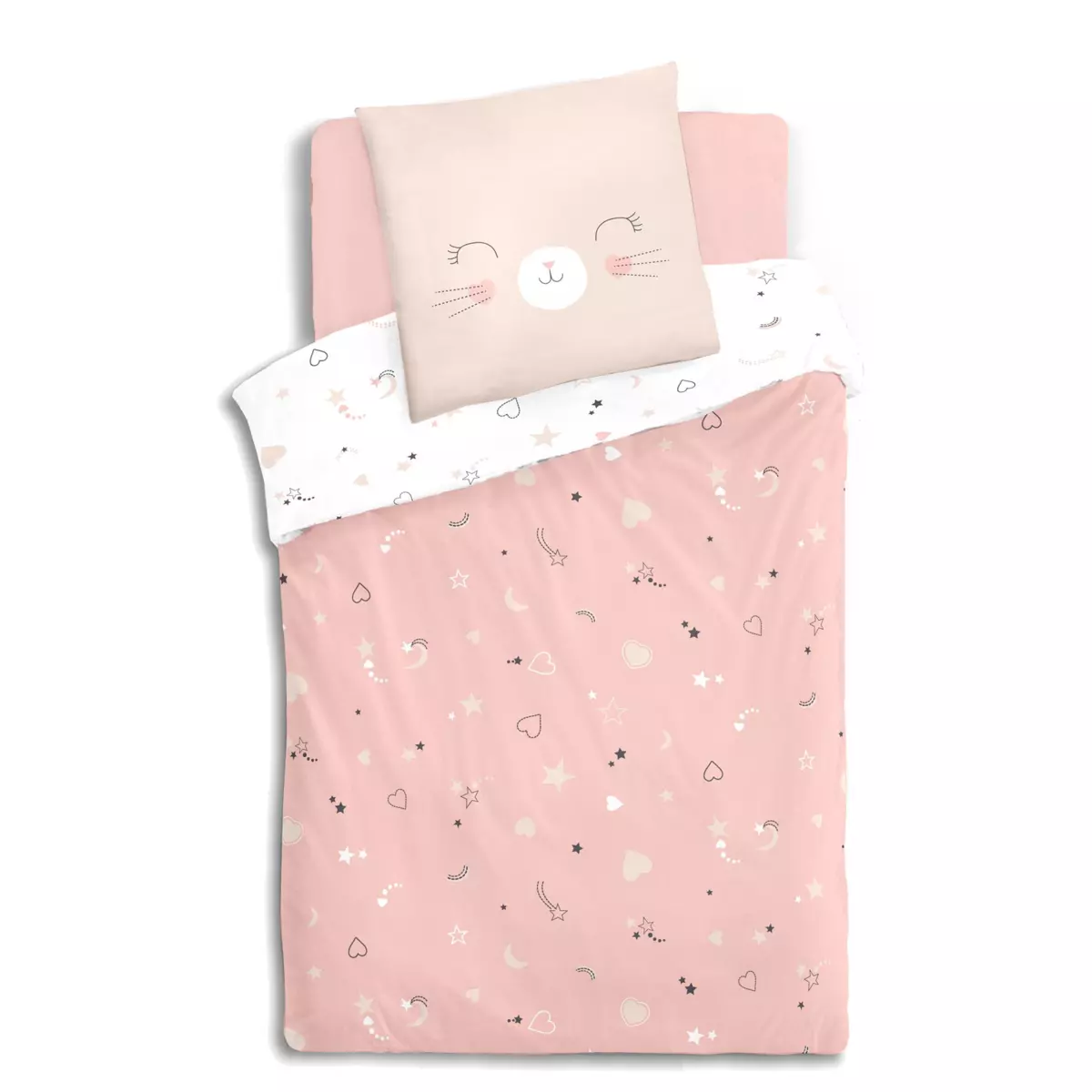 Housse de couette et une taie enfant coton (140 cm) Chat Rose 2