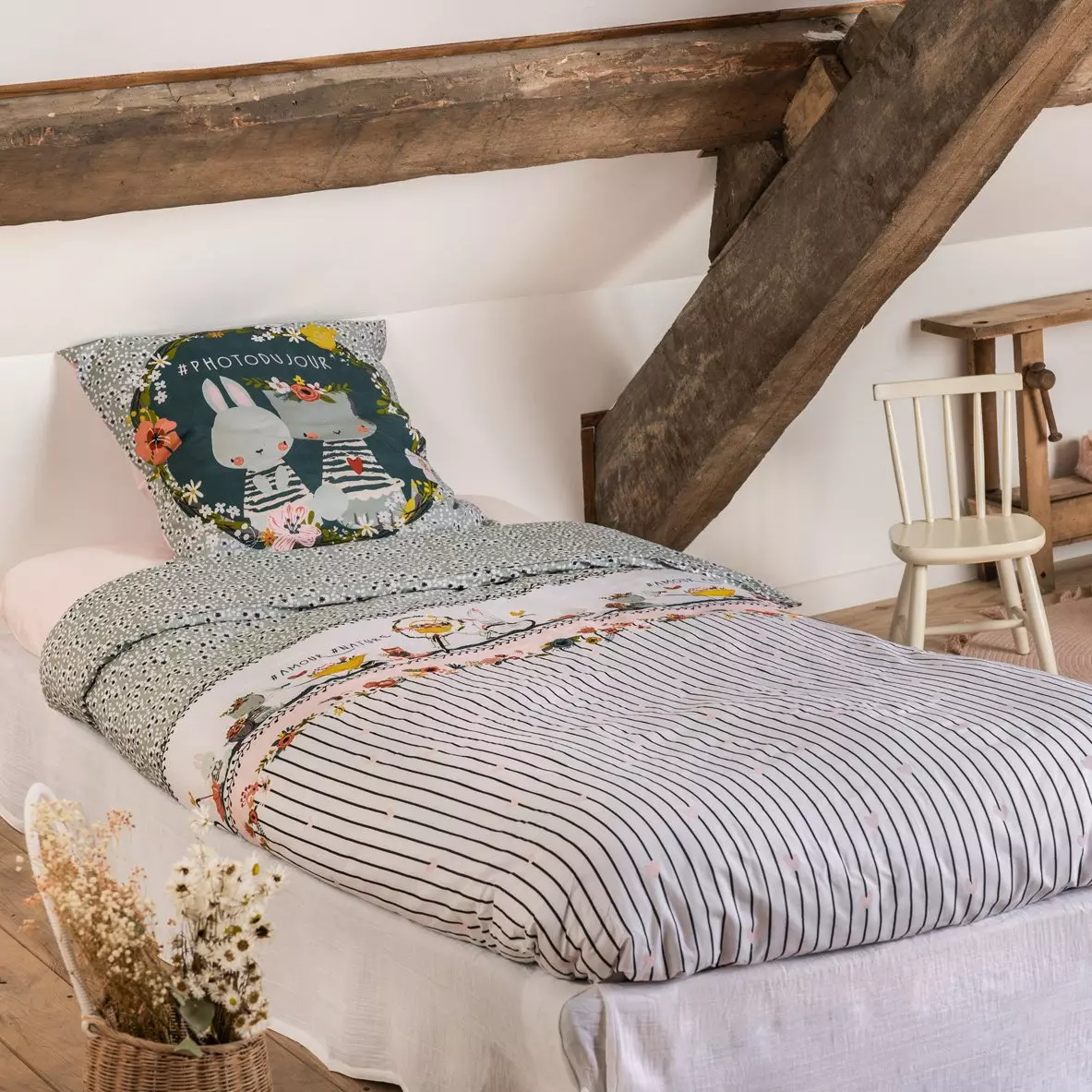 Housse de couette et une taie enfant coton (140 cm) Jardinage Multicolore 1