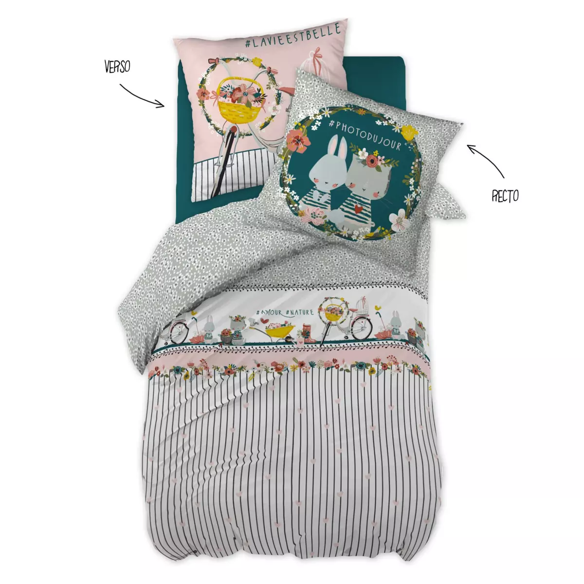 Housse de couette et une taie enfant coton (140 cm) Jardinage Multicolore 7
