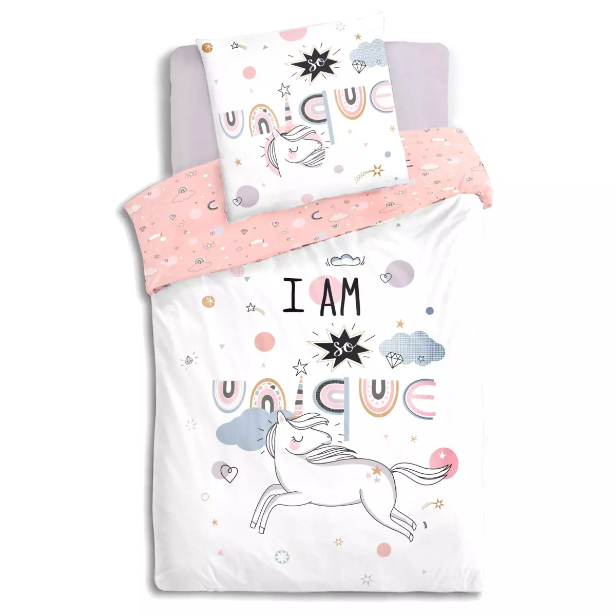 Housse de couette et une taie enfant coton (140 cm) Licorne Rose 2